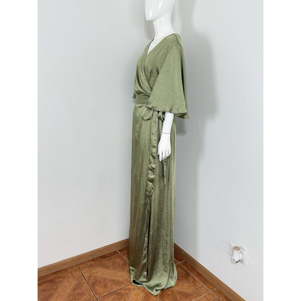 Six Stories Sage Green Satin Wrap Maxi Dress Women Uk 22 Flutter Sleeve Nwt $199 — image 4 of 8